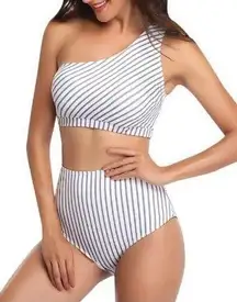 One Shoulder Swimsuit Stripe High Waist Bikini Set Size Medium NWT #6678