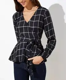 Loft  Size Small Black Plaid Wrap Blouse Top Long Sleeve Career Peplum Date Night