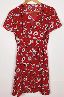 Floral Printed Wrap Dress Red V Neck Short Sleeve Size 2