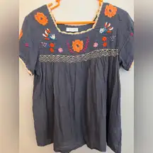 THML Boutique blue  flutter blouse with embroidered flowers, size M