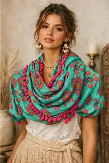 Natural Life Infinity Scarf Pom Pom Mandala Rayon Turquoise 14.5 W x36 L Boho