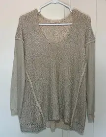 REBECCA TAYLOR Tan Silver Chunky Knit Cotton Crochet Crew Pullover Top Small‎
