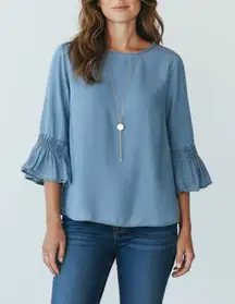 J Jill L Denim Bell Sleeve Chambray Top Lightweight Tencel Boho Minimalist