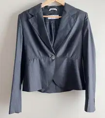 MaxMara • Wool Silk Blend Pin Stripes Blazer,‎ One-Button, Round Hem, Size 10