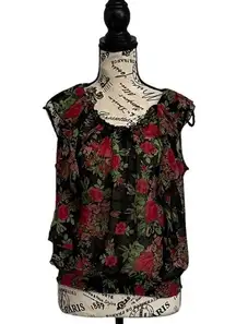 Suzy Suzy Shier Women's  Black Rose Sheer Crop Top Flutter Sleeve Blouse Top S