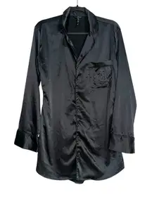 SKIMS Hotel Collection Black Satin Long Sleeve Sleep Shirt Dress MEDIUM