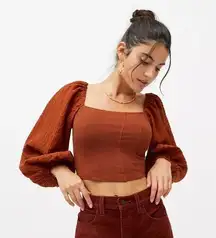 UO Claudia Rust Orange Puffy Sleeve Ribbed Blouse