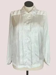 Vintage Blouse Swirly Pattern Long‎ Sleeves 90s Fancy Cream White Top Size 12