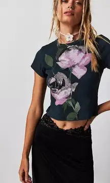 Daydreamer Free People Rose Pointelle Baby Doll Tee Vintage Black Small DT140