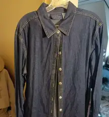 Womens Vintage Willow Ridge L Cotton Denim Top Ribbon Trim Tunic Button …