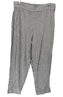 Max Studio Vertical Striped Crop Pants Sz Large Gray White Linen Blend Straight