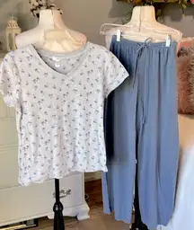 Pajama Set Jockey Cotton Short Sleeve V Neck Top M Drawstring Pants Gray Blue XS
