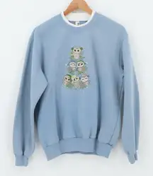 Vtg Morning Sun Blue Owl Tree Embroidered Sweatshirt Holiday Winter Cabin Size L
