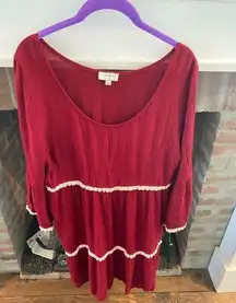 Umgee  Crimson Red Layered Bohemian Dress Long Sleeve Scoop Neck size Large