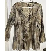 Cato Animal Print Ruffle Pleated Long Sleeve Blouse, Size XL
