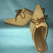 PAPRIKA booties clogs slip on suede lace ups stacked heel tan size 5 1/2