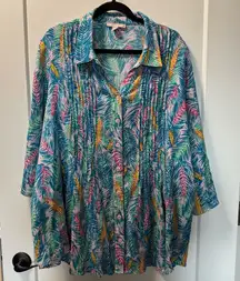 WomanWithin Oversized Tunic Top Blouse Button Front Tropical Colorful 1/2 Sleeve