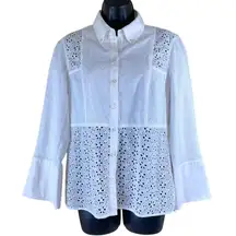 Tory Burch Ivory Eyelet Patchwork Button Down 3/4 Sleeve Shirt