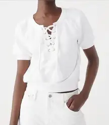 J.Crew University Terry Short-Sleeve Lace-Up Cotton Top in‎ White, Size Small