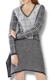 BCBGMaxAzria Monaco Size L Black White Houndstooth Sweater Dress Academia