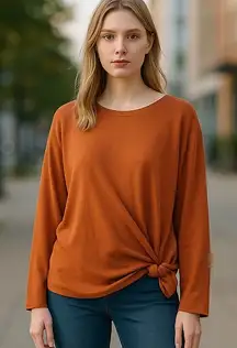 Free‎ People Beach Womens Orange Rust Knot Front Long Sleeve Oversized Top Small
