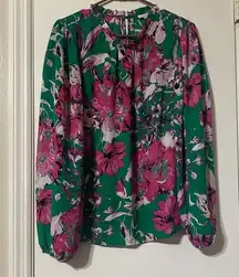 Carolina Belle Montreal Green Floral Long Sleeves Blouse size Medium