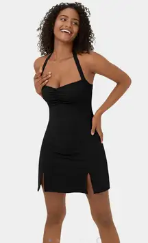 Halara Softlyzero Plush Halter Ruched Backless Split Hem Mini Active Dress NWT
