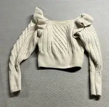 cable Knit Cream Ivory Chunky Ruffle Square Neck Wool Blend Sweater Small