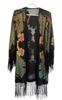 Embroidered Velvet Burnout Fringe Kimono Sheer Floral Peacock Duster One Size