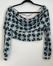 Urban Outfitters Top Large Off Shoulder Teal Geometric‎ Long Sleeve Crop Top B11