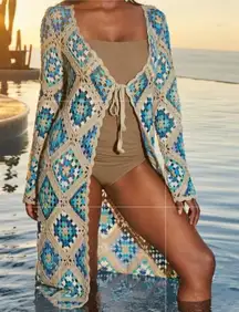 Boston Proper Granny Square Crochet Knit Cardigan Blue Cream Tie Front Small/Med