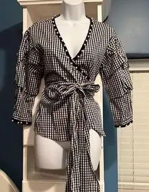 Black and white checked blouse with pearl detail