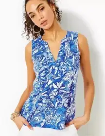 Lilly Pulitzer Dev Tank Top XXL Flocking Fabulous‎ Floral Blue Cotton Resort
