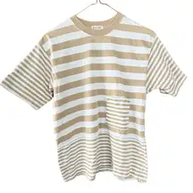 Lindsey Blake Sport Tan White Striped Cotton T-Shirt Oversized Fit Women's M/L