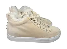 J/SLIDES Shearling Lined Beige suede booties 9 winter neutral fall cozy lace up