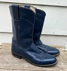 Justin Boots Vintage 90s Justin Roper Navy Blue Cowgirl Western Pull On Leather Boots 6 1/2B