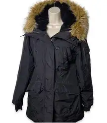 SAM. S13 women puffer jacket in black with faux fur hood trim size S