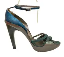 Salvatore Ferragamo Leather Metallic Gray and Teal Ankle Strap Heels Size 7.5