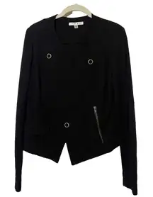 Cabi Womens Black Asymmetrical Zip Up Snap Moto Pockets Cardigan Jacket Size‎ S