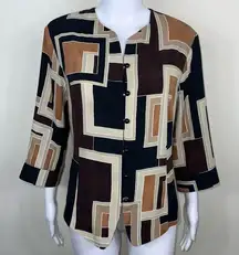 Kathy Che Vintage Polyester Earthtone Geometric Print‎ Blouse