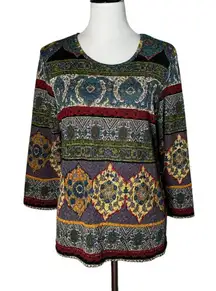 Napa Valley Ethnic Print Top Women Size M Tribal Colorful Stretch Blouse‎ Artsy