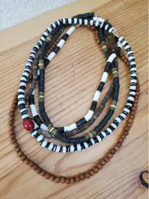 5x Boho Necklace Set Ethnic Natural Materials Wood Glass Shell Prayer Beads