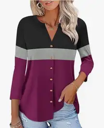 Women's Black, Gray, and Purple Button-Up Top