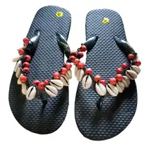 Bahama Shells Flip Flops Women 6 Cowrie Shell Black Beach Sandal Travel Pool