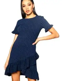 Boohoo Navy Ruffled Asymmetrical Hem Pinstripe Dress