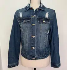 medium wash distressed ripped denim jacket