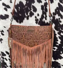 Tooled Leather Cross Body Brown Fringe LARGE NWT floral western purse