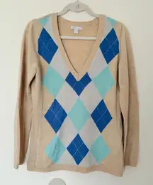New York &  Sz MCo. Tan Beige Argyle V-Neck Sweater Relaxed Everyday Layer Sz M