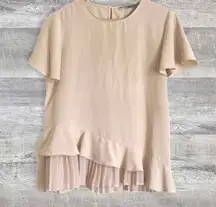 Short Flutter Sleeve Blouse Womens M Pleated Ruffle Hem Beige Chiffon Flowy