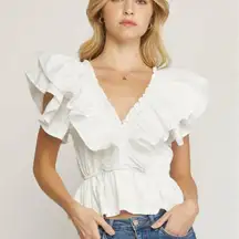 Zara White Ruffle Flounce Sleeve V-Neck Peplum Top